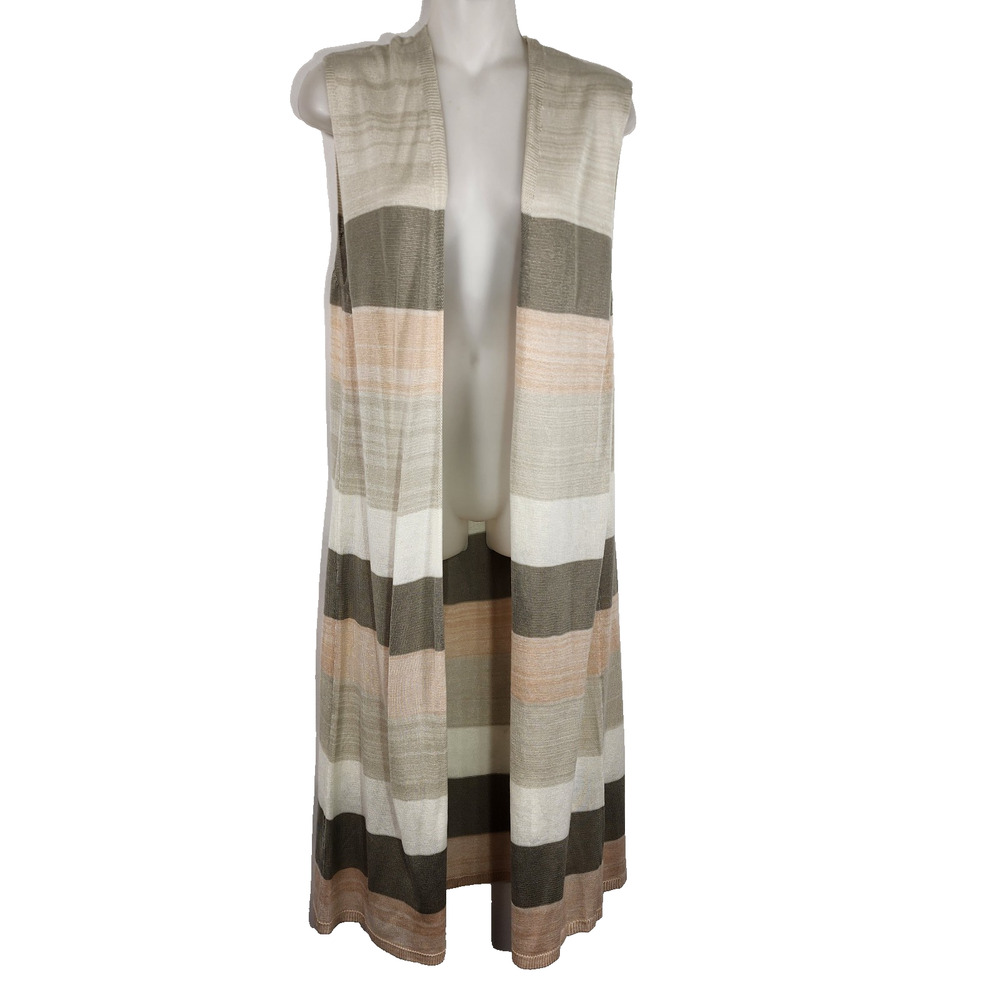 Demdaco Womens Knit Vest Duster Cardigan Peach Taupe Stripe Sweater One Size